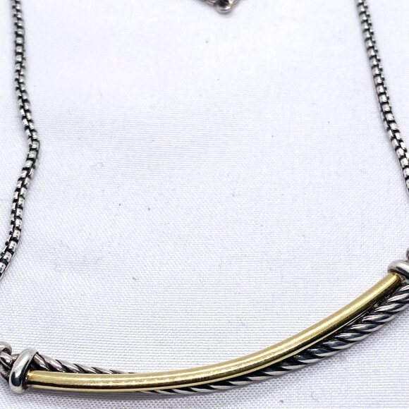 David Yurman Sterling Silver 925 1/4 18K 750 Gold Crossover Bar Necklace - Picture 7 of 16
